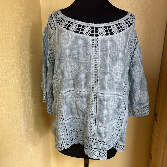 Democracy Boho Flowy Dusty Light Blue Bohemian Blouse Women's Size Large (1415) - Picture 1 of 9